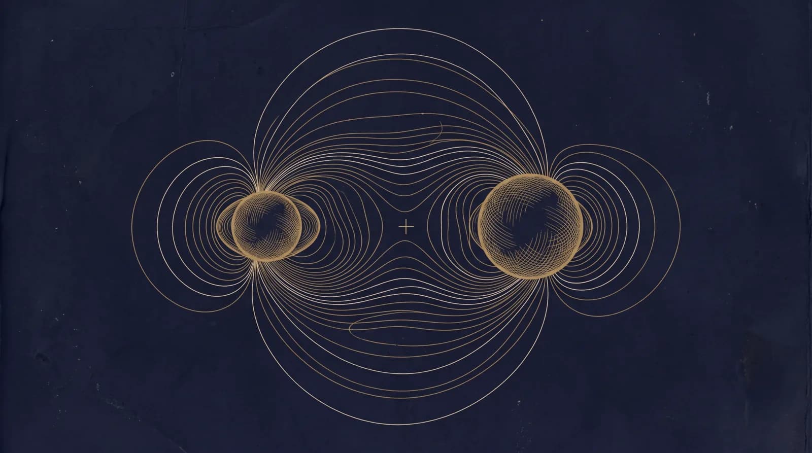 An engraved binary-star diagram: two bodies orbiting a shared centre of mass, with gravitational field lines drawn between them.