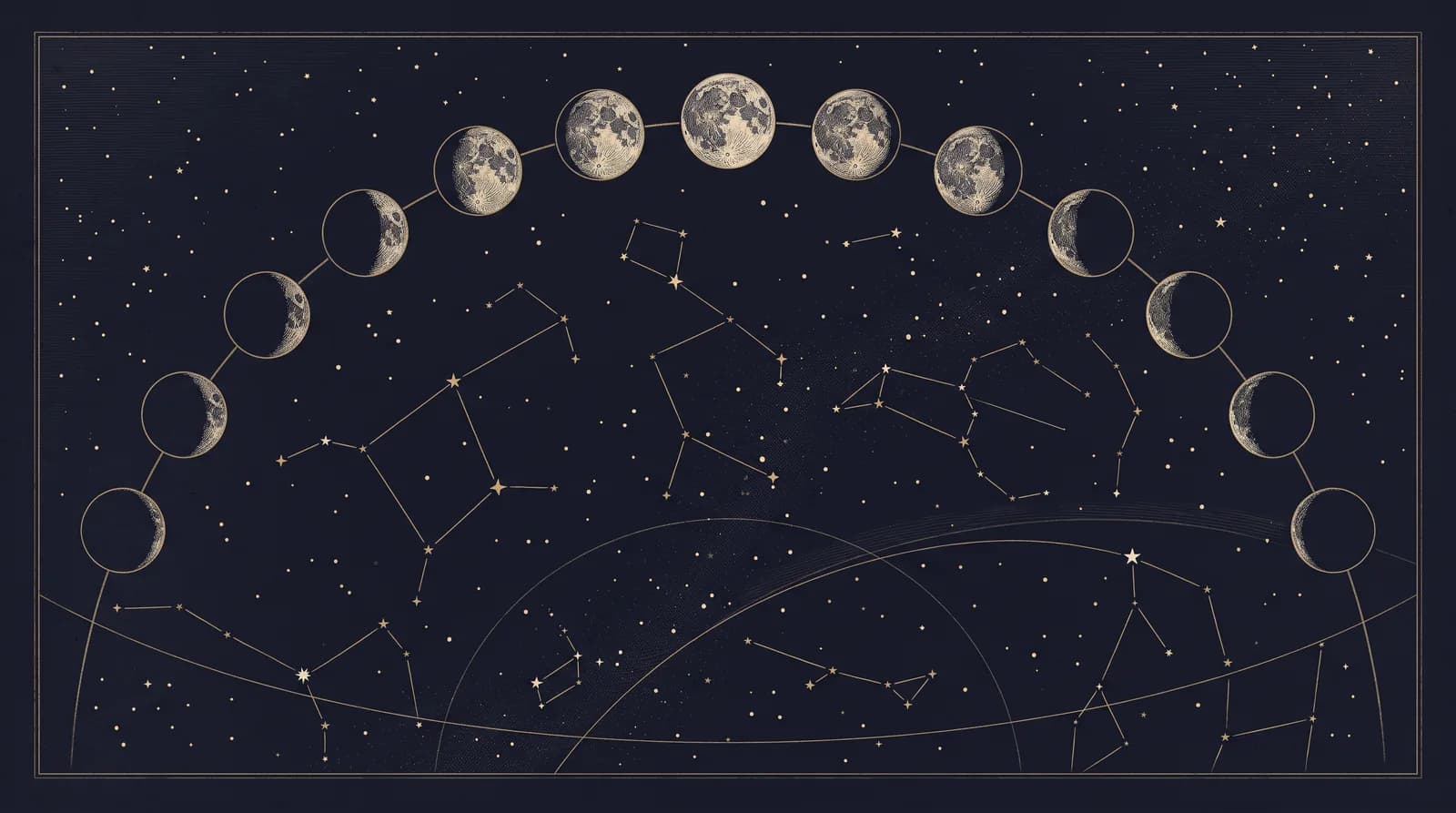 An engraved night-sky chart: a full lunar phase cycle arcing above delicate constellation lines.