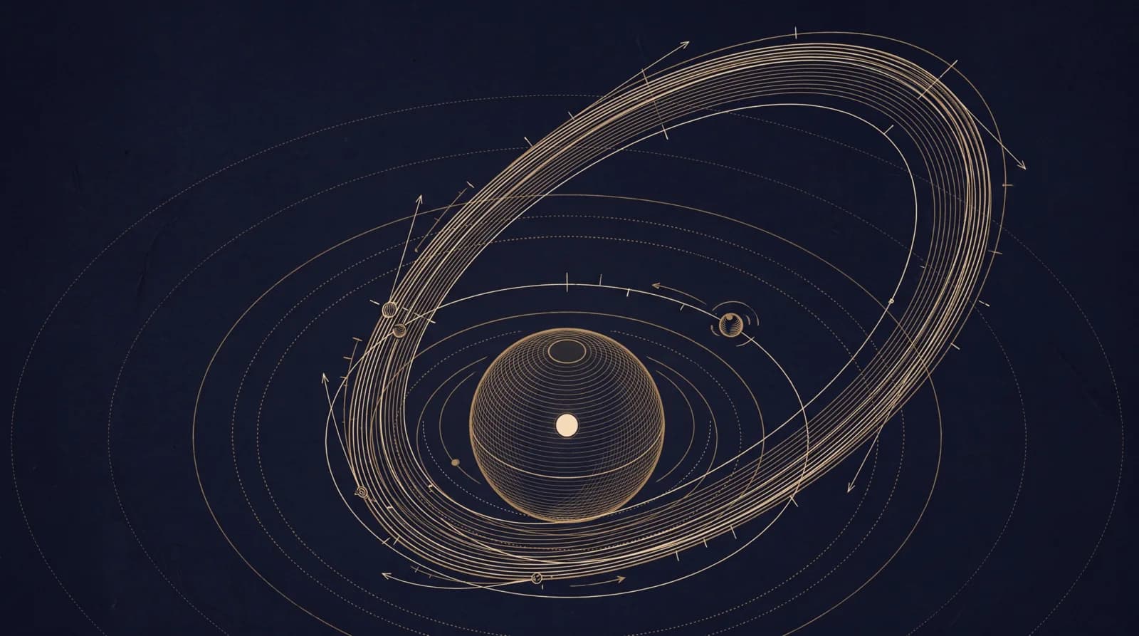 An engraved orbital diagram: a small body locked in a tight elliptical orbit traced over and over, a path that never closes.